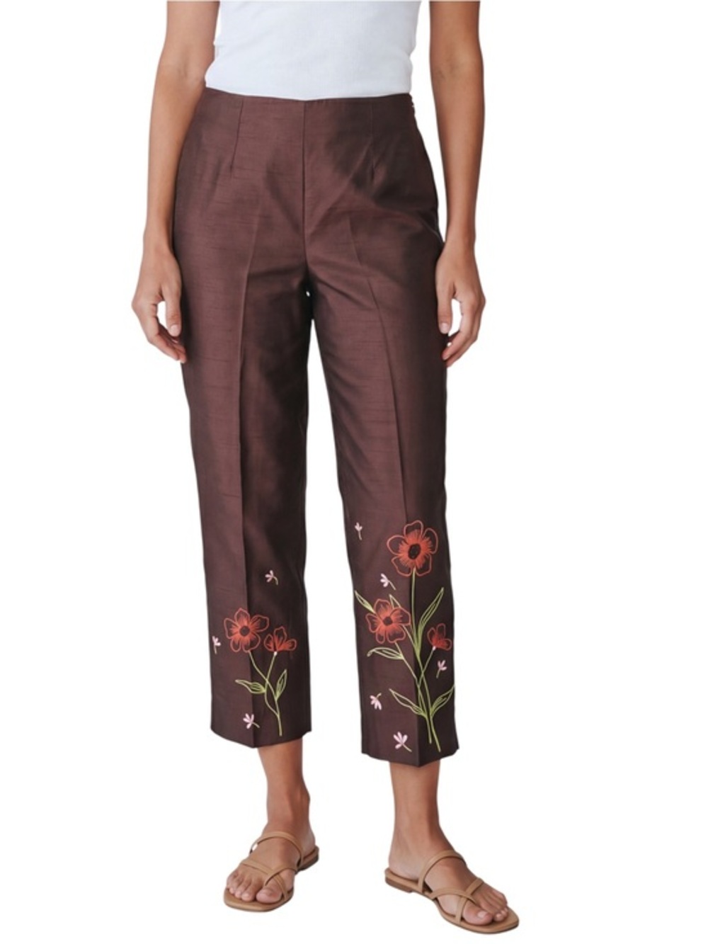 4/$20 Requirements Petite Brown Floral Embroidered Crop Dress Pants Size 10P